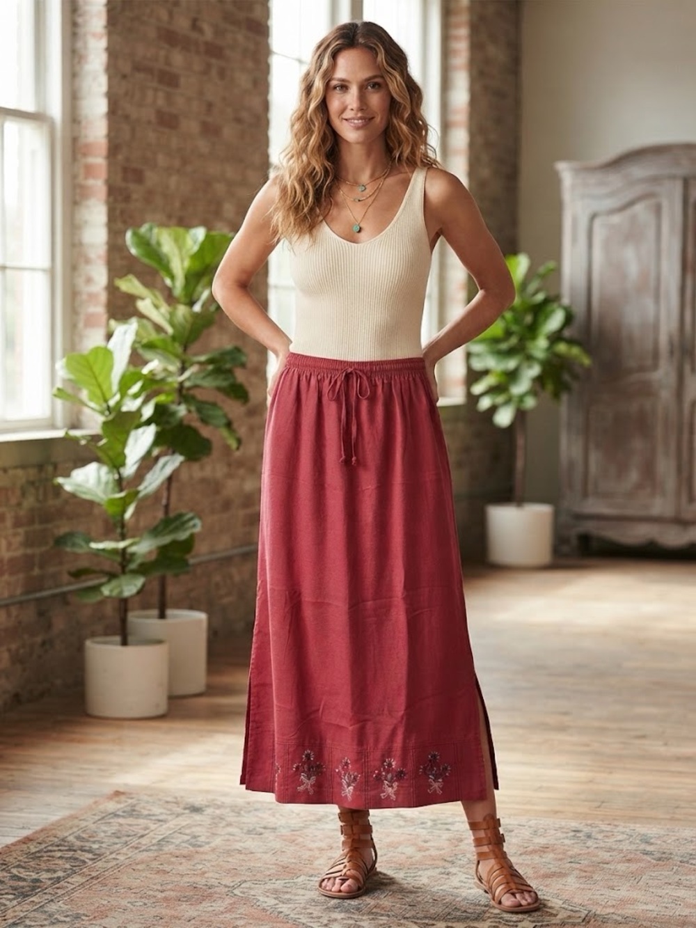 Alfred Dunner size 14 Cotton Linen Embroidered Motif Maxi Skirt in Dark Pink